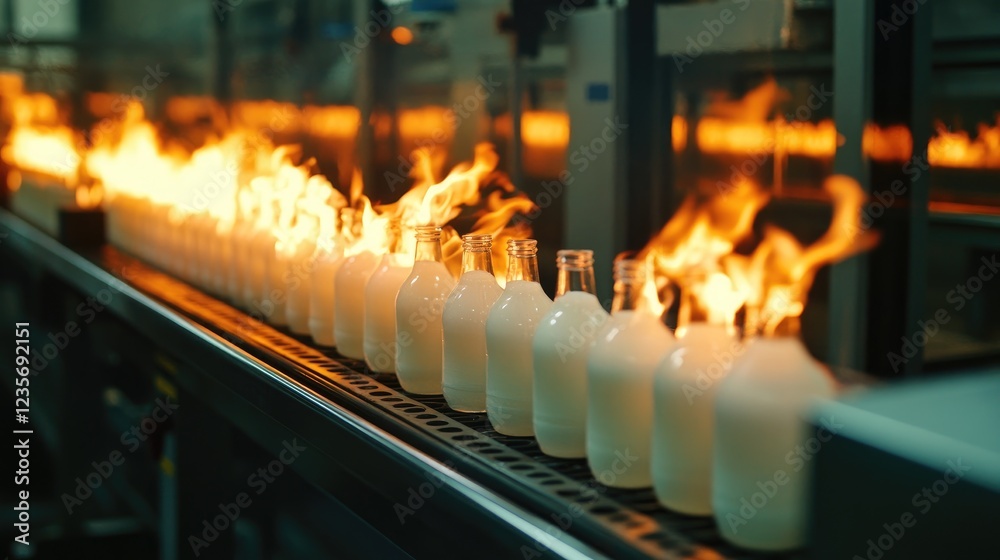 Poster Glass bottles passing through a conveyor, being pasteurized with fire, in a factory setting, emphasizing the advanced production methods of beverages
