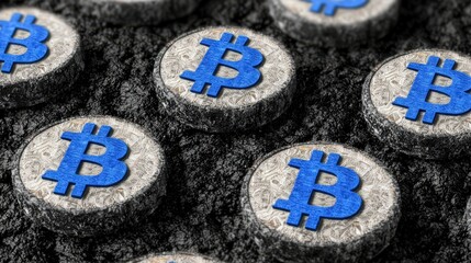Bitcoin Coins on Dark Surface with Intricate Texture Background