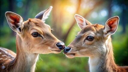 Obraz premium Two animals gazing at each other with intense affection and curiosity in a serene natural setting , gentle gaze, emotional connection