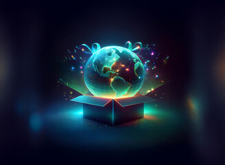 Obraz premium A glowing Earth emerges from a gift box, surrounded by vibrant light and ribbons, symbolizing a global gift or discovery.