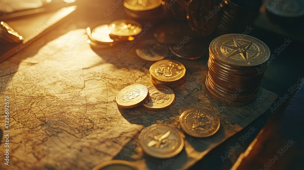 Poster gold coins and bars placed beside antique maps and compasses, with soft lighting, creating a scene o