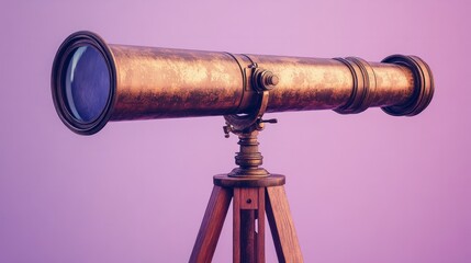 A rustic bronze telescope on a wooden tripod, muted lavender background 