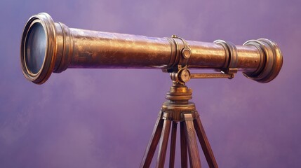 A rustic bronze telescope on a wooden tripod, muted lavender background 