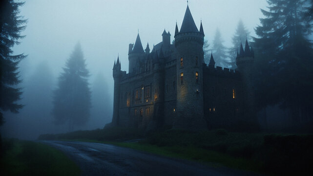 Ancient castle, horror, fog, lost, ghost film, Easter, thrilling party, eerie, environment, Silent Hill, eerie, demon hell, background