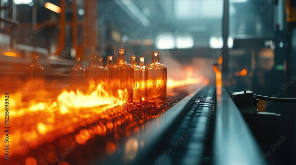 Aufkleber on the conveyor, glass bottles are pasteurized with fire, as part of the production process in a bev