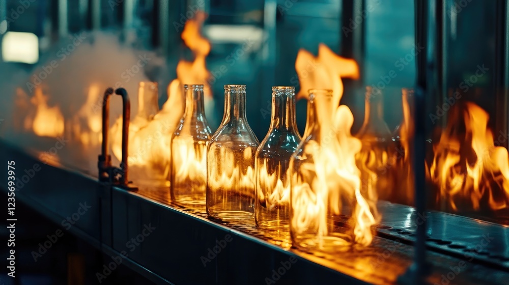 Poster on the conveyor, glass bottles are pasteurized with fire, as part of the production process in a bev