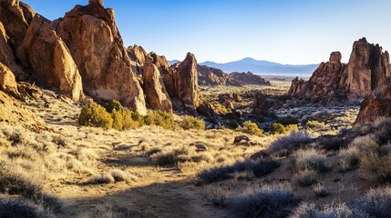 Fototapeta premium Scenic landscape of rocky formations with sparse vegetation and mountains in distance