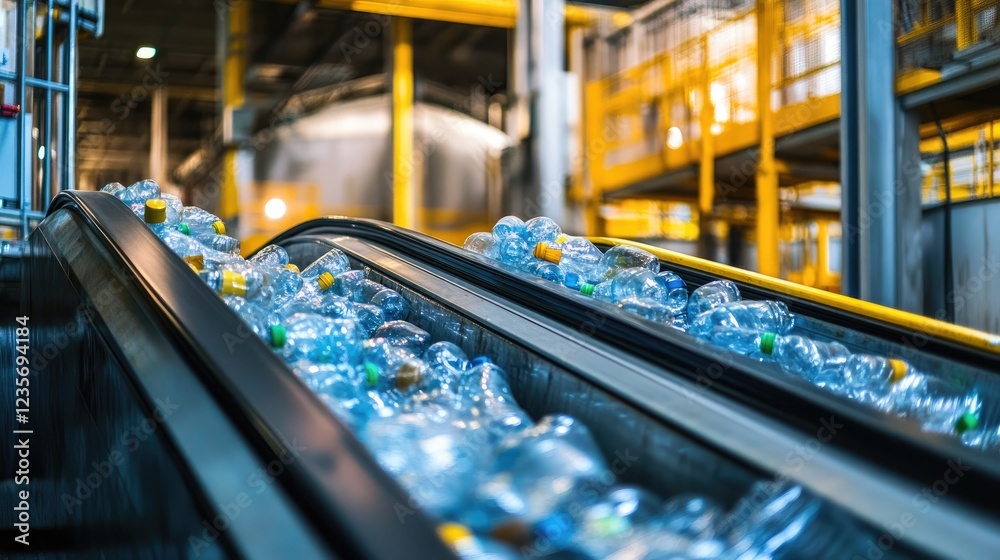 Poster plastic bottles stacked near an escalator at a factory, waiting to be processed in a pet recycling p