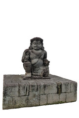 Fototapeta premium Isolated Dwarapala statue, a guardian of temples, featuring detailed craftsmanship and cultural significance, symbolizing protection and strength in traditional architecture.