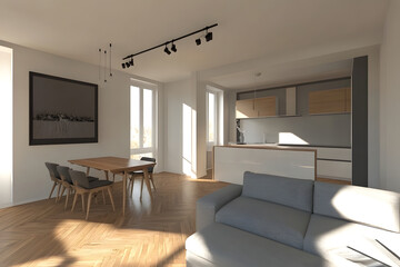 Modern Apartment Interior: Dining Area, Living Room, and Kitchen