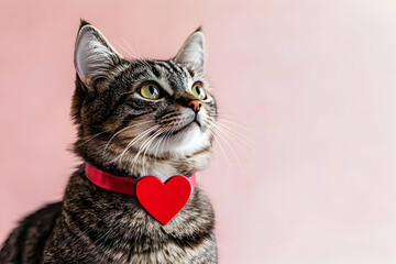 A close-up of a cat wearing a red heart-shaped collar, against a soft pink background