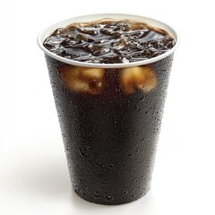 Iced cola drink in cup, refreshment, studio shot, white background, advertising