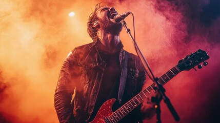 Passionate Male Guitarist Performing on Stage with Colorful Lights