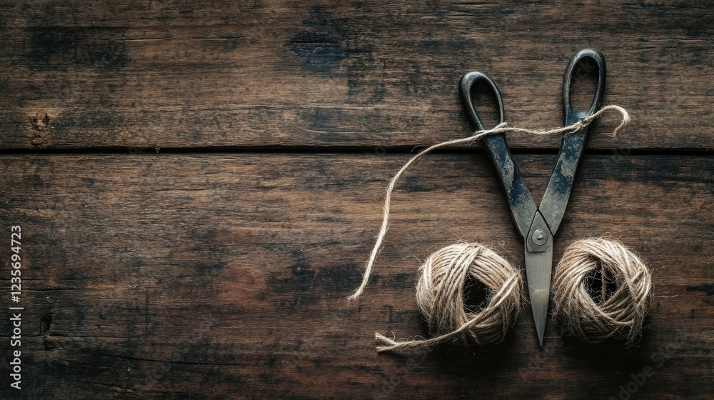 Aufkleber scissors and twine placed neatly on a textured wooden surface, with soft natural light highlighting 