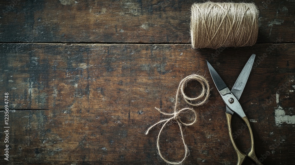 Poster scissors and twine placed neatly on a textured wooden surface, with soft natural light highlighting 