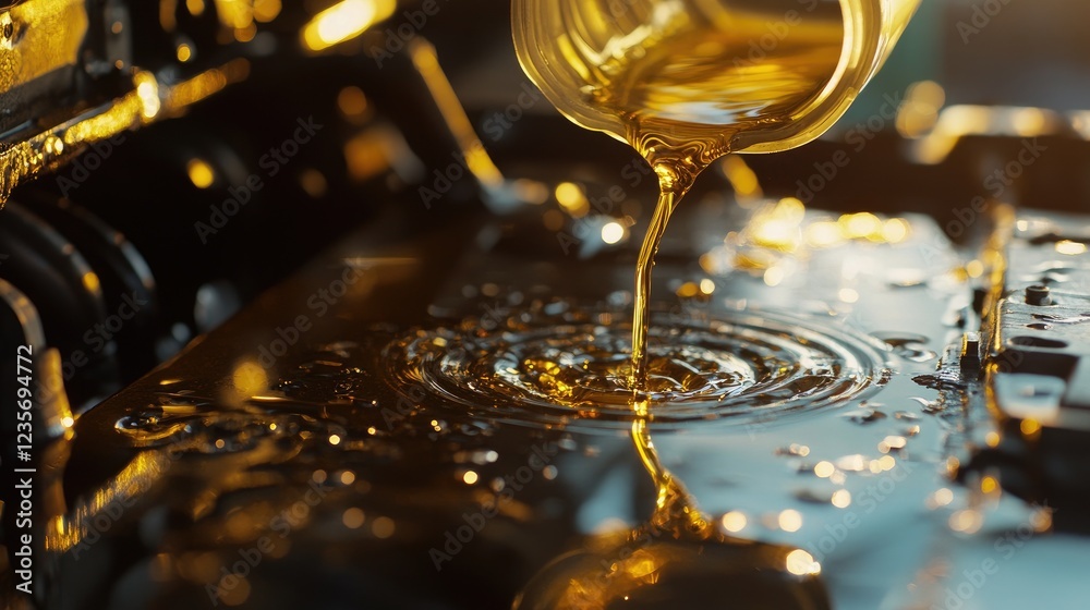 Poster sunlight reflecting on motor oil as it drips from a container into a clean engine, creating a moment