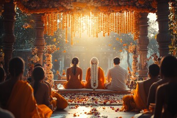 Indian wedding ceremony, couple seated, floral arch, sunset