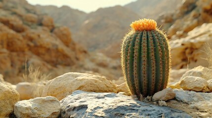 Desert Cactus Bloom: Golden Flower, Rugged Rocks, Serene Sunset