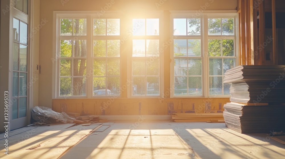 Poster sunlight streaming through newly installed windows in a home, with construction materials stacked ar