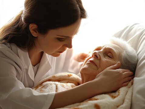 Compassionate Nurse Gently Placing a Warm Blanket on Elderly Woman, Providing Comfort and Care in Warm Lighting Image depicts gentle caregiving, senior care, elderly comfort, nursing home