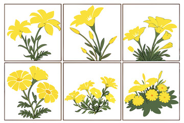 A collage of six different arrangements of yellow daisies and other yellow flowers, each with a white background. The flowers are vibrant and bright, with a variety of shapes and sizes. The arrangeme