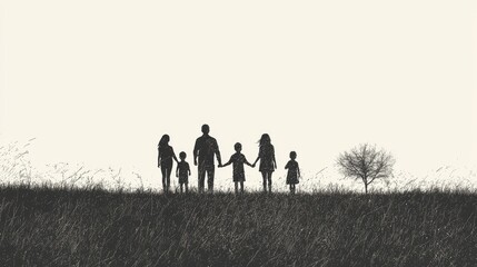 Family silhouette, field, sunset, togetherness, unity, stock photo