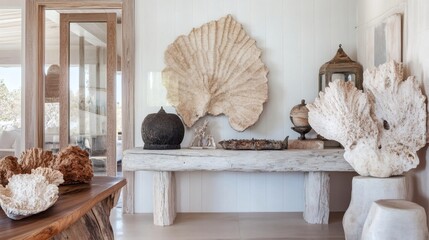 Coastal Chic Interior Design Rustic Wooden Console Table with Seashells and Coral Decor