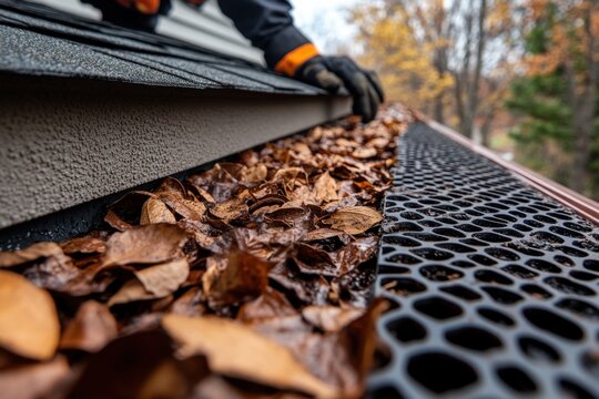 Construction professional installing gutter guards, ensuring long-term maintenance and preventing costly repairs This close-up image shows a skilled technician meticulously placing durable gutter
