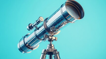 A shiny silver telescope with ergonomic knobs, muted turquoise background