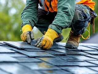 Construction worker on a ladder, securing rooftop tiles and fixtures Skilled roofer installing slate tiles, ensuring a safe and durable roof Professional roofing installation, expert tile placement