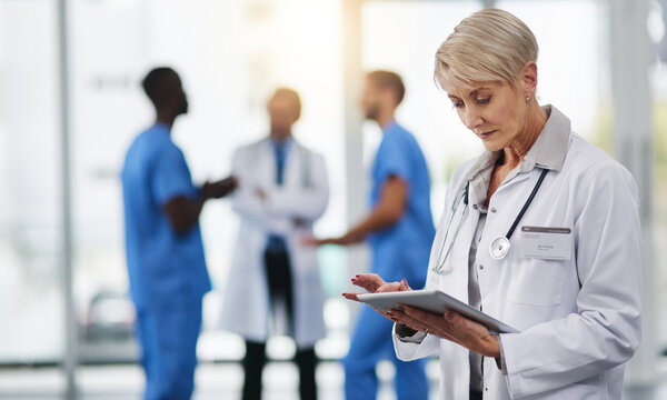 Woman, doctor and reading with tablet for medical history, report or clinic record at hospital. Female person, surgeon or healthcare worker on technology for clinical trial, results or telehealth app