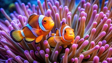 Two clown fish swimming together in a colorful anemone home, with tentacles stretching out around them