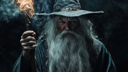 Mysterious Elder Wizard with Staff and Magical Glow in Dark Forest