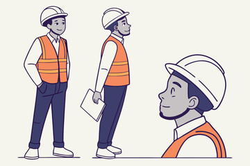 Construction worker, character design, animated style, flat illustration, orange safety vest, white hard hat, different poses, body parts, facial expressions, modular design, customizable avatar, vect