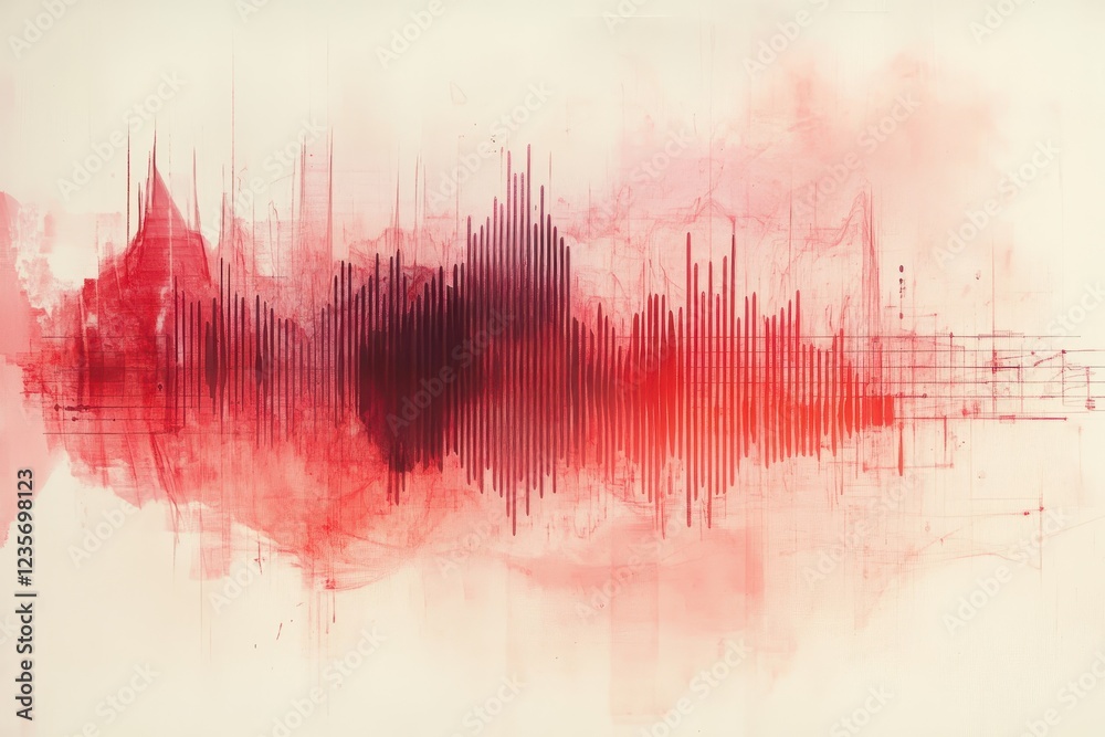 Fototapete Audio waveform analysis shown in vibrant red hues illustrating sound patterns and dynamics in an abstract design, Audio Waveform Analysis Red