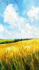 Obraz premium Vibrant Golden Field Under Blue Sky with Fluffy White Clouds