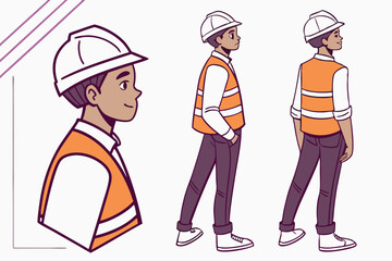 Construction worker, character design, animated style, flat illustration, orange safety vest, white hard hat, different poses, body parts, facial expressions, modular design, customizable avatar, vect