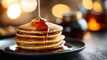 Delicious Stack of Pancakes with Maple Syrup Drizzling on Top