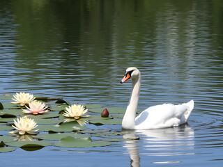 Obraz premium A swan is swimming in a pond with lilies