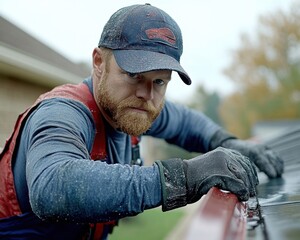 Focused Handyman Cleaning Gutters Professional Seasonal Upkeep Home Care Ensuring Clean, Efficient Gutters for Optimal Home Protection Prevent Clogs, Water Damage, and Roof Issues with Expert Gutter