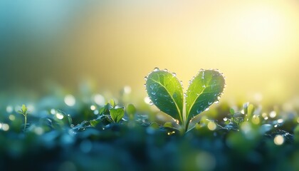 Heart-Shaped Water Droplets on a Sprout A Symbol of New Life and Growth Emerging from the Earth, Captured at Sunrise with Gentle Sunlight Illuminating Delicate Plant Leaves, Showing the Beauty of