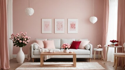 The family room has a soft peach pink theme