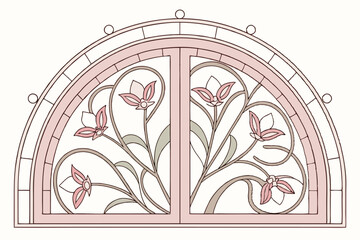 Stained glass window, art nouveau style, floral motifs, arched frame, intricate patterns, pastel colors, symmetrical design, delicate lines, botanical elements, ornate border, translucent appearance,  © Manik Mia