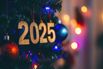 A beautifully decorated Christmas tree featuring shimmering ornaments and a sparkling 2025 hanging, with colorful lights in the background creating a festive atmosphere