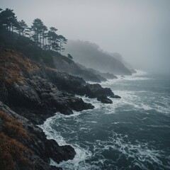 A foggy Oceara scene where sea and sky merge seamlessly.