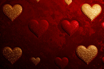 A rich, deep red velvet texture with elegant golden heart imprints, exuding a luxurious and romantic feel.