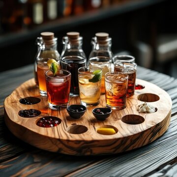 Tasting Flight Diverse Drinks, Bar Setting, Wooden Tray