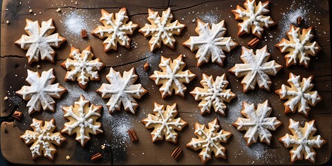 Homemade snowflake sugar cookies with delicate white icing details, carefully arranged on a wooden surface, embodying the cozy charm of the winter season and holiday festivities

