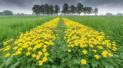 Vibrant Yellow Flowers in a Scenic Green Landscape Under Gray Skies