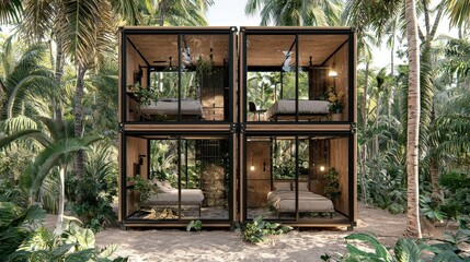 Modern eco-friendly glass houses in lush tropical forest setting
